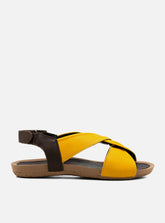 Sandália em Couro Amarração Alice Amarelo e Café