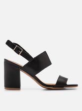 Sandália Salto Bloco em Couro Preta Tira Larga