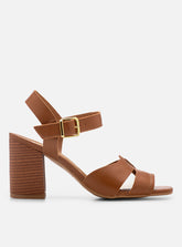 Sandália Salto Bloco em Couro Caramelo Tiras Enlace