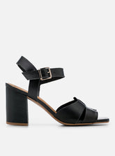 Sandália Salto Bloco em Couro Preta Tiras Enlace