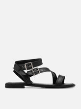 Sandália Rasteira em Couro Preta Tiras e Fivelas