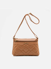 Bolsa em Couro Matelassê Caramelo Zíper Duplo Tiracolo