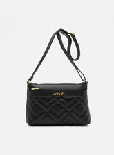 Bolsa em Couro Matelassê Preto Zíper Duplo Tiracolo