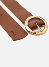 Cinto Caramelo Couro Largo Fivela Redonda Dourada