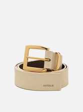 Cinto Off White Couro Largo Fivela Quadrada Dourada