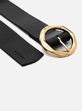 Cinto Preto Couro Largo Fivela Redonda Dourada