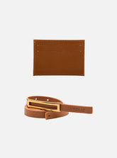 Kit Cinto em Couro Caramelo Fino Metal + Porta Cartão em Couro Caramelo