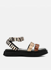 Flatform em Couro Fivelas Bia Caramelo Off White e Animal Print Zebra