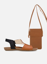 Kit Dia a Dia Caramelo | Sandália Comfort em Couro Tri Alice Caramelo Off White e Preto + Mini Bolsa em Couro Porta Celular Caramelo