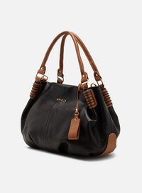 Bolsa Hobo Couro Preto com Alças Caramelo