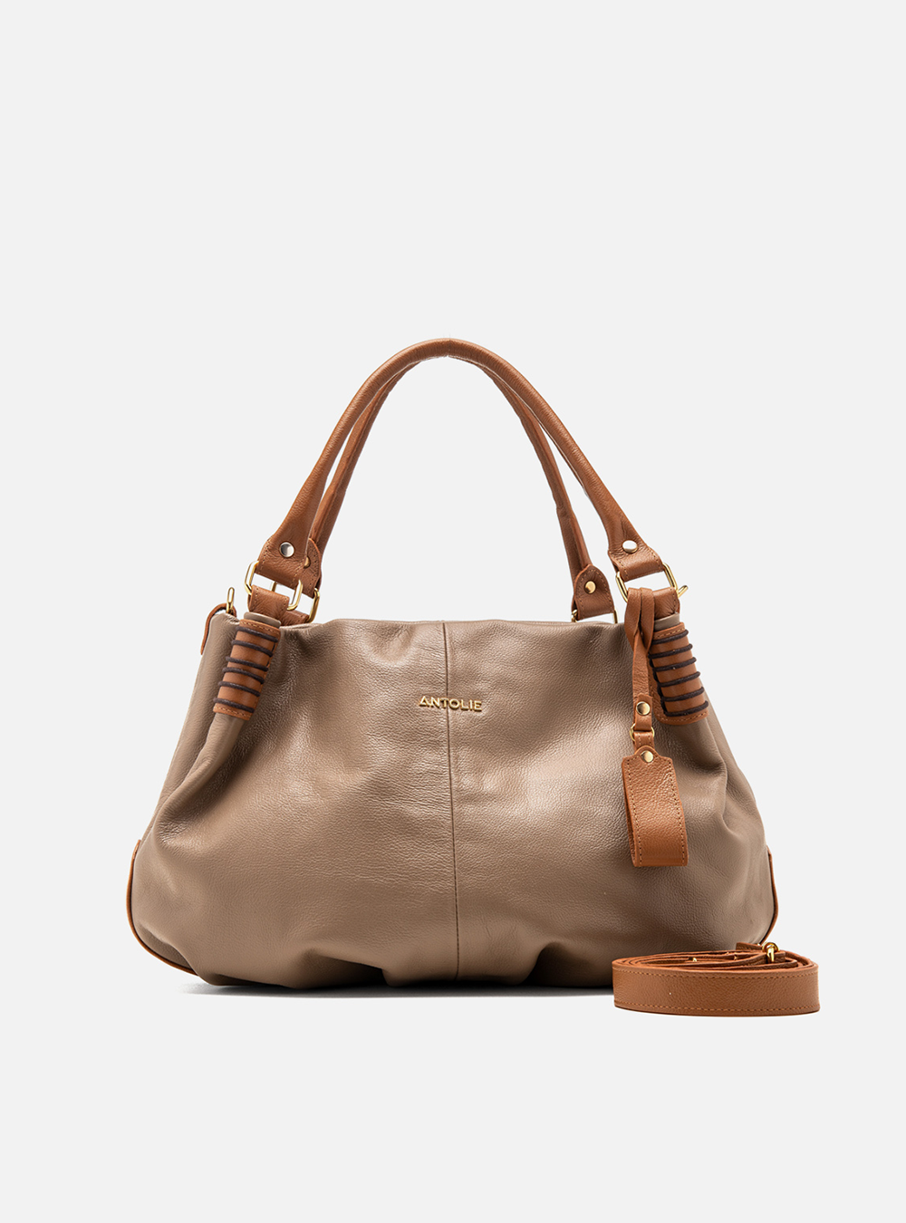 Bolsa Hobo Couro Cinza com Alças Caramelo