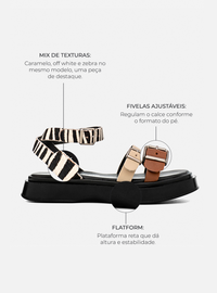 Flatform em Couro Fivelas Bia Caramelo Off White e Animal Print Zebra