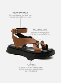 Flatform em Couro Tiras Cruzadas Bia Caramelo