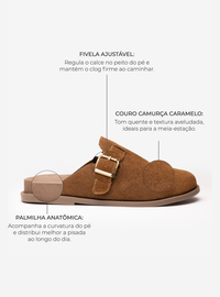 Clog Couro Camurça Caramelo Fivela