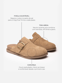 Clog Couro Camurça Areia Fivela