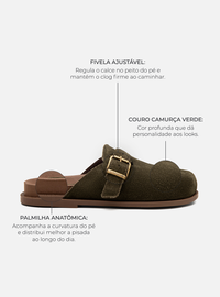 Clog Couro Camurça Verde Fivela