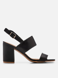 Sandália Salto Bloco em Couro Preta Tira Larga