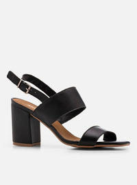 Sandália Salto Bloco em Couro Preta Tira Larga