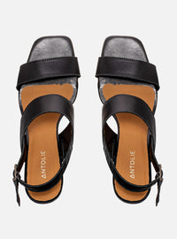 Sandália Salto Bloco em Couro Preta Tira Larga