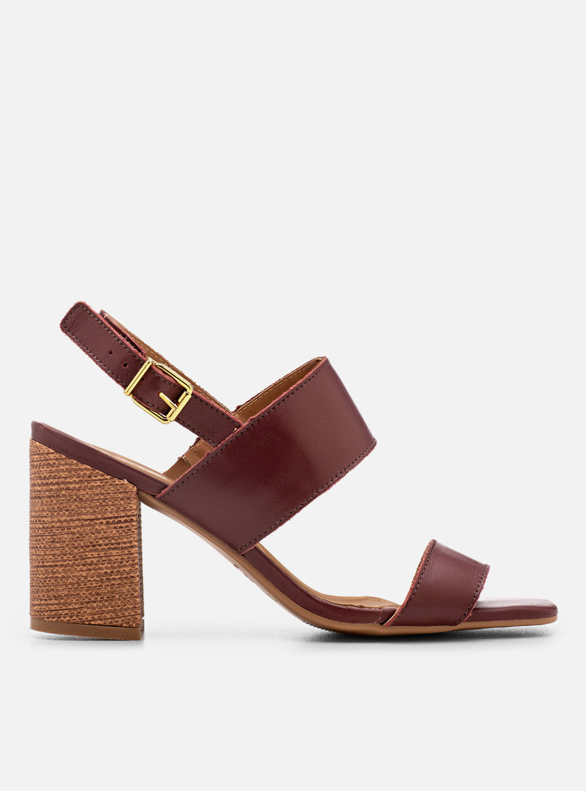 Sandália Salto Bloco em Couro Bordô Tira Larga