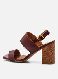 Sandália Salto Bloco em Couro Bordô Tira Larga