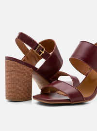 Sandália Salto Bloco em Couro Bordô Tira Larga