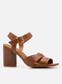 Sandália Salto Bloco em Couro Caramelo Tiras Enlace