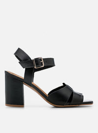 Sandália Salto Bloco em Couro Preta Tiras Enlace