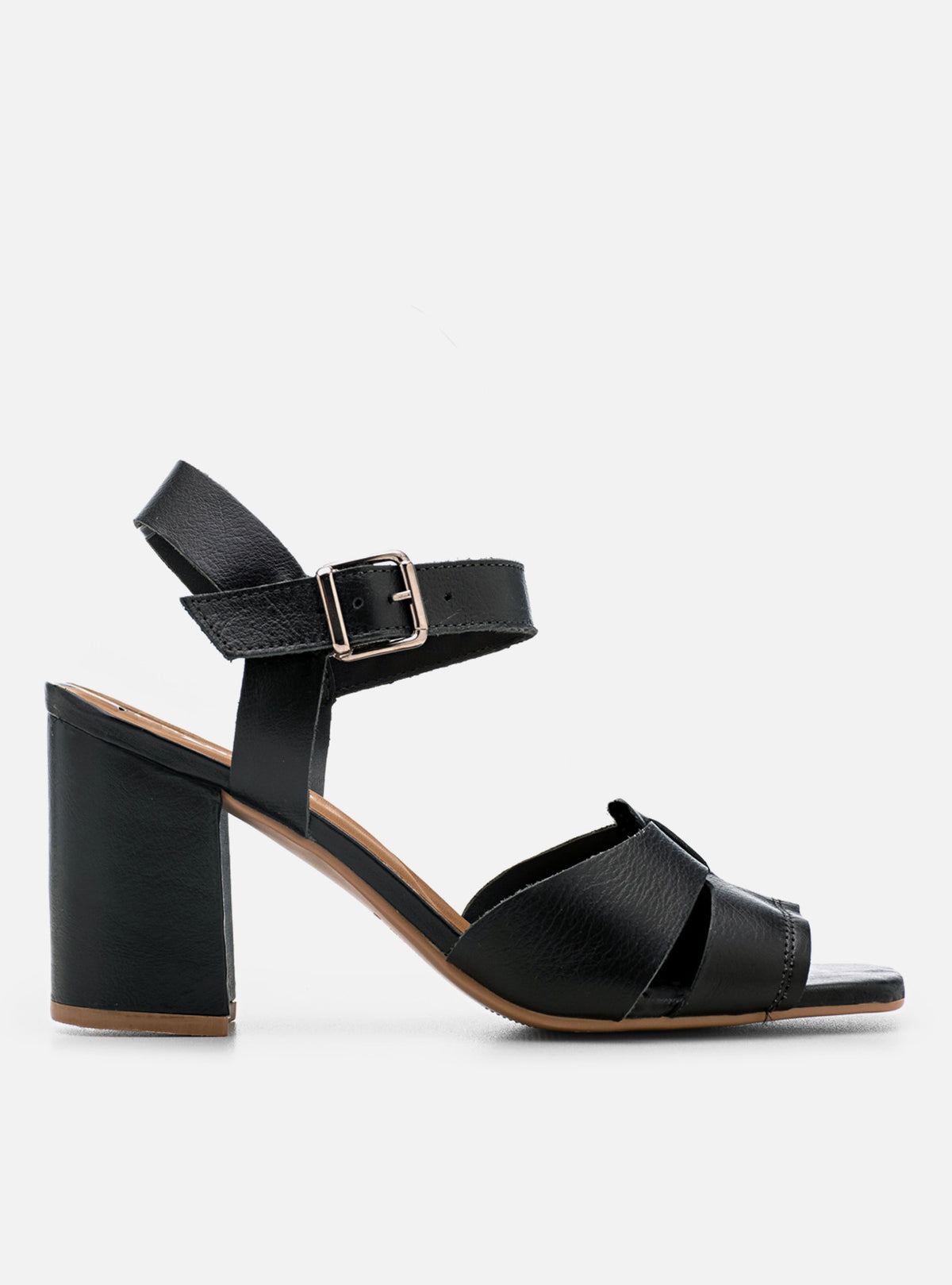 Sandália Salto Bloco em Couro Preta Tiras Enlace