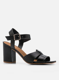 Sandália Salto Bloco em Couro Preta Tiras Enlace