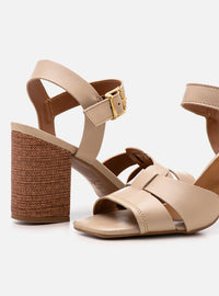 Sandália Salto Bloco em Couro Off White Tiras Enlace