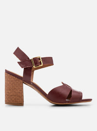Sandália Salto Bloco em Couro Bordô Tiras Enlace