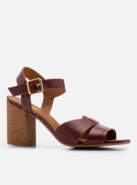 Sandália Salto Bloco em Couro Bordô Tiras Enlace