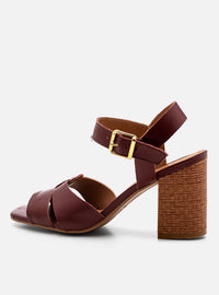 Sandália Salto Bloco em Couro Bordô Tiras Enlace