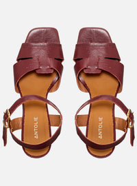 Sandália Salto Bloco em Couro Bordô Tiras Enlace