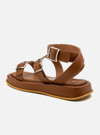 Sandália Flatform Couro Caramelo Fivelas