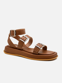 Sandália Flatform Couro Caramelo Fivelas