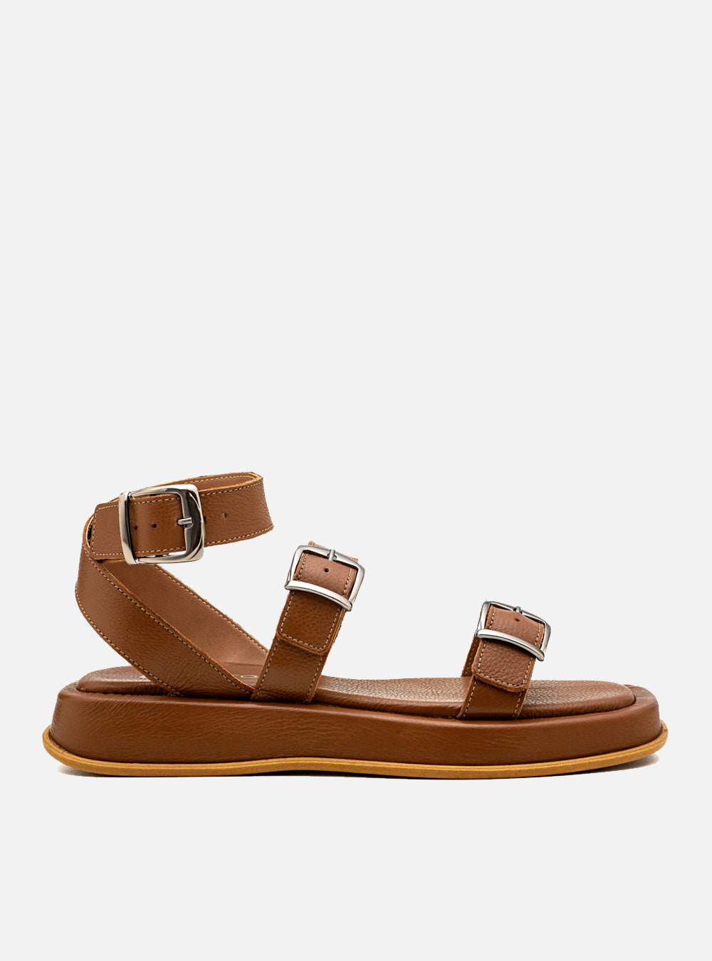Sandália Flatform Couro Caramelo Fivelas