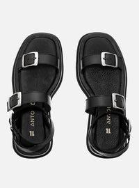 Sandália Flatform Couro Preta Fivelas