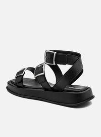 Sandália Flatform Couro Preta Fivelas