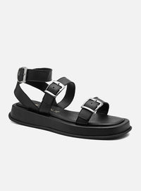 Sandália Flatform Couro Preta Fivelas