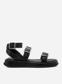 Sandália Flatform Couro Preta Fivelas