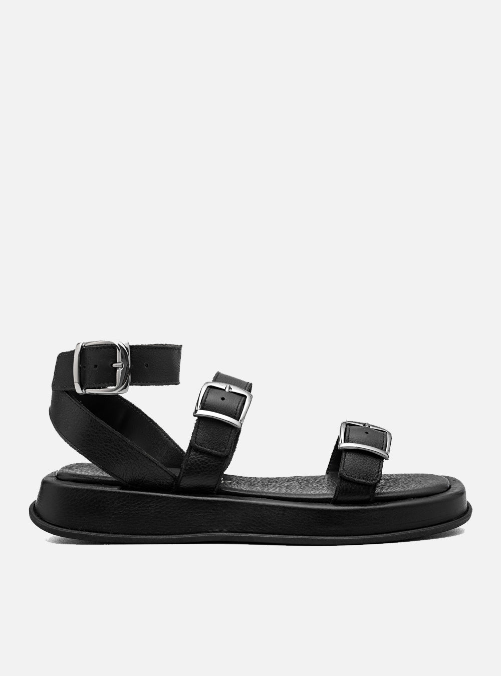 Sandália Flatform Couro Preta Fivelas