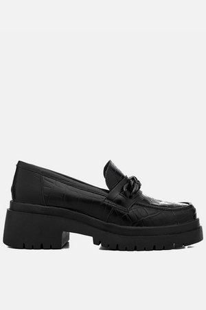 Mocassim em Couro Croco Tratorado Corrente Esther Preto
