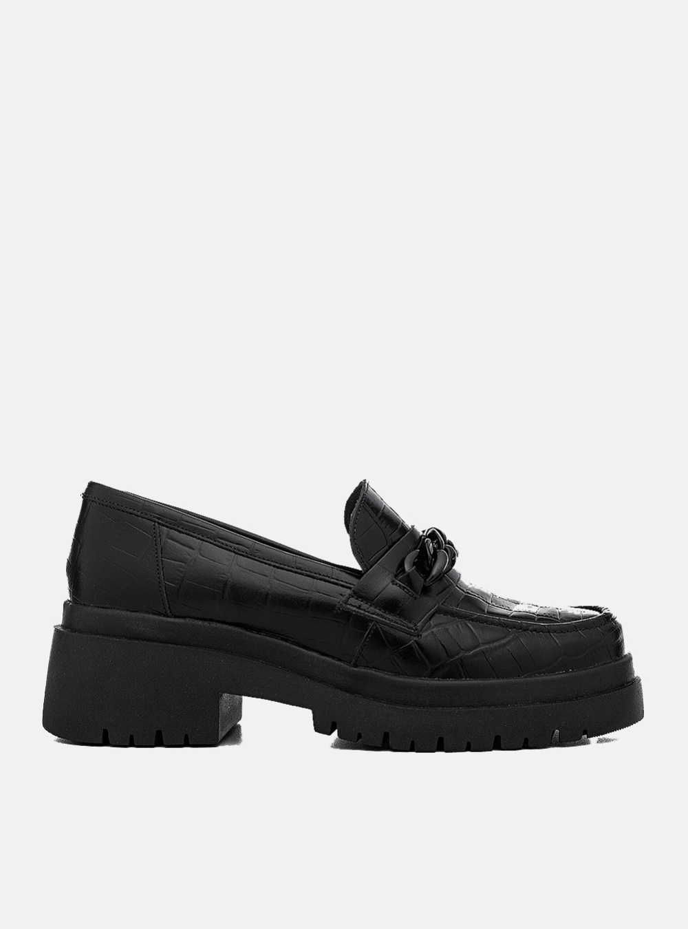 Mocassim em Couro Croco Tratorado Corrente Esther Preto