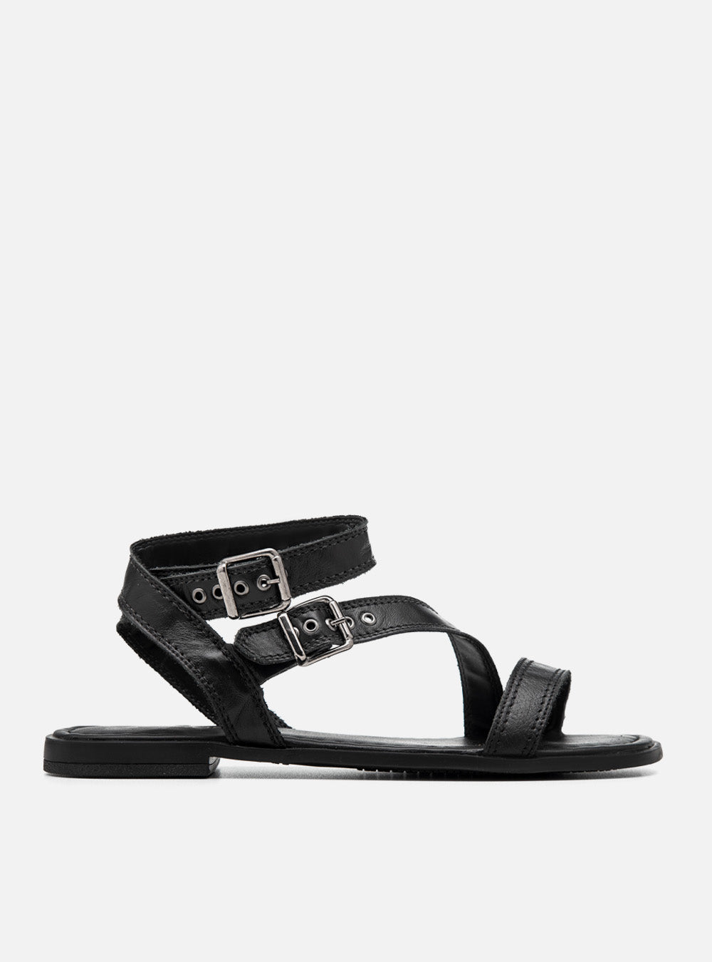 Sandália Rasteira em Couro Preta Tiras e Fivelas
