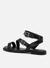 Sandália Rasteira em Couro Preta Tiras e Fivelas