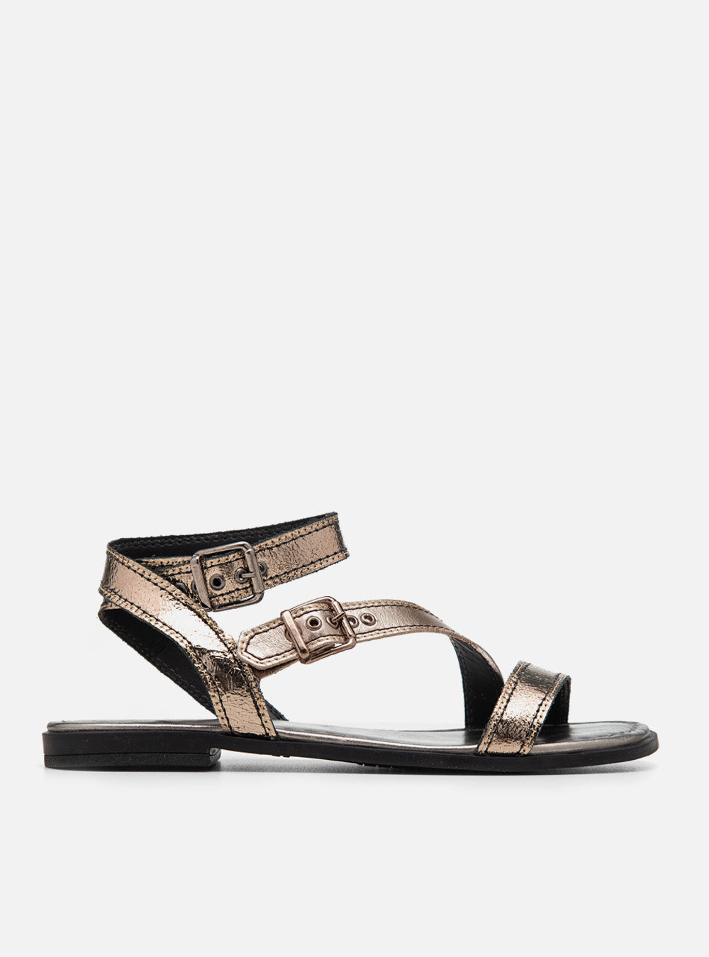 Sandália Rasteira em Couro Ônix Tiras e Fivelas