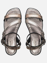 Sandália Rasteira em Couro Ônix Tiras e Fivelas