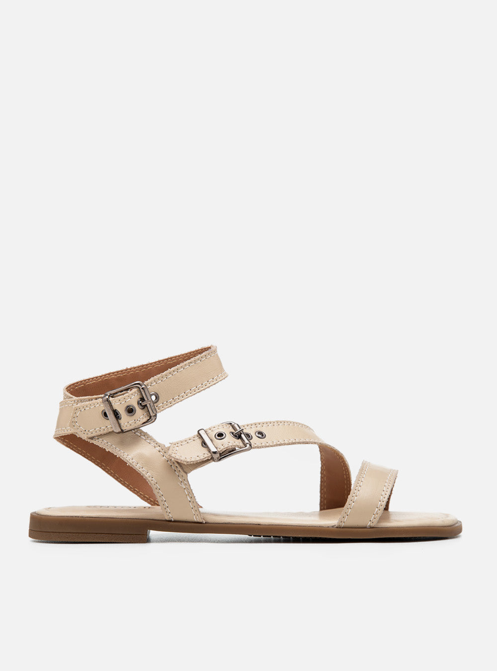 Sandália Rasteira em Couro Off White Tiras e Fivelas